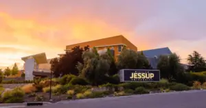 The entrance to William Jessup University at sunset