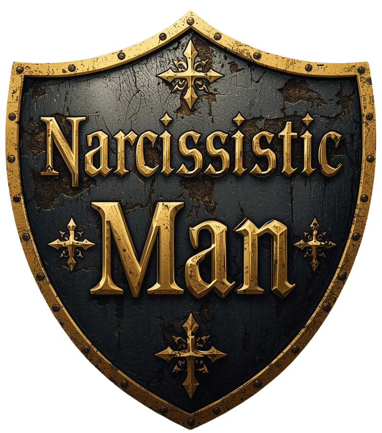 A shield with the words "Narcissistic Man" emblazoned on it