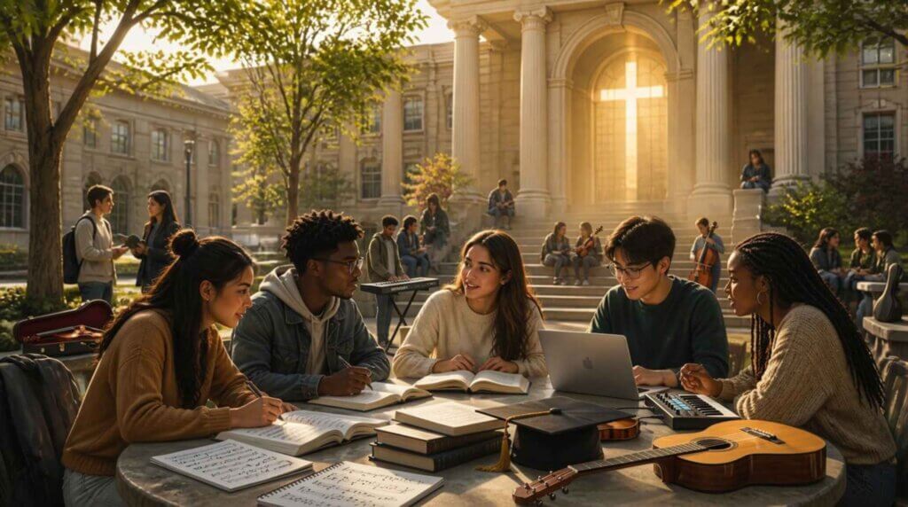 University music students studying outside with others.